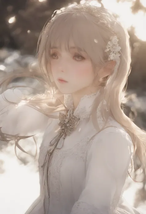 (Dynamic Angle:1.3),extreme close - up,Windy,Movie Highlights,1girl in,Upper body,Dusting,Looking at Viewer, Violet_Evergarden, Solo, Jewelry, blank eye,brooches, Blonde_hair,( Vevry Long Hair:1.2),Floating hairlong_sleeves, bow ribbon, Blue_Eyes, Jacket, ...