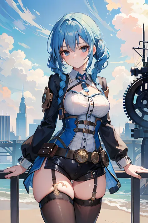 (best quality, masterpiece), 1girl, blue hair, braids, steampunk, gears, cloudy sky, sexy, string, tight