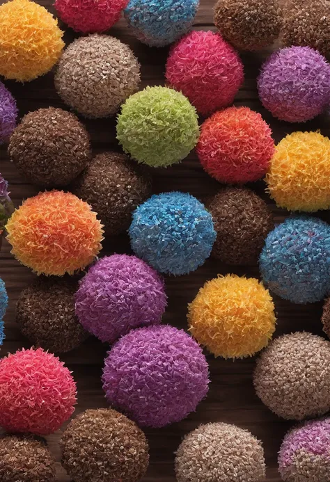 brigadeiros coloridos, sugar confetti, parto colorido, delicados, 4 brigadeiros, cinemactic, fotografia profissional, studio illumination, studio background, advertising photography, detalhes intrincados, hiper-detalhado, Ultra realista, 8k UHD