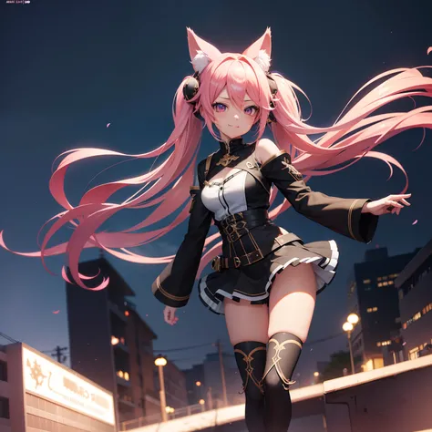 long hair with pink twin tails,、Black Skin Jean、Black miniskirt、full body Esbian、Cute smile、Urban townscape、chee, Detailed Digital Anime Art, digital anime art, cute detailed digital art, anime fantasy illustration, Premium Digital Anime Art, digital art i...