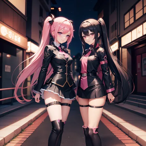 long hair with pink twin tails,、Black Skin Jean、Black miniskirt、full body Esbian、Cute smile、Urban townscape、chee, Detailed Digital Anime Art, digital anime art, cute detailed digital art, anime fantasy illustration, Premium Digital Anime Art, digital art i...