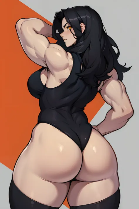 black hair, very long hair, yellow eyes, thick thighs, large breasts, (muscular), pale skin, leggings, tank top, toned body, 1 girl, from behind, big ass, (leotard)