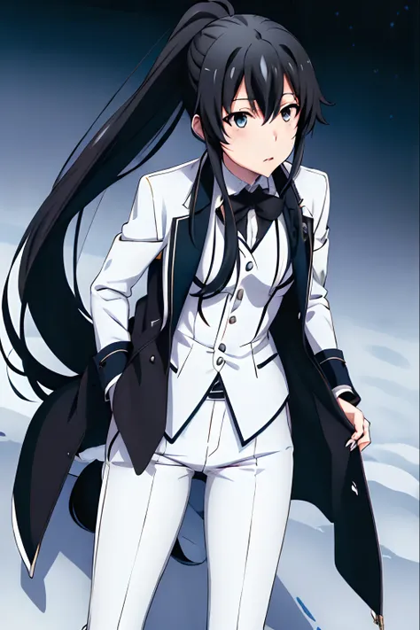 Yukinoshita yukino , Best Quality,highres,da,ponytail ,white pants ,long  hair,1girl, Under the snow, Butler tail coat ,black hair, eyes blue,Tail coat,striped,tight pants ,black shirt ,school, looking at the scenes,Badass Butler