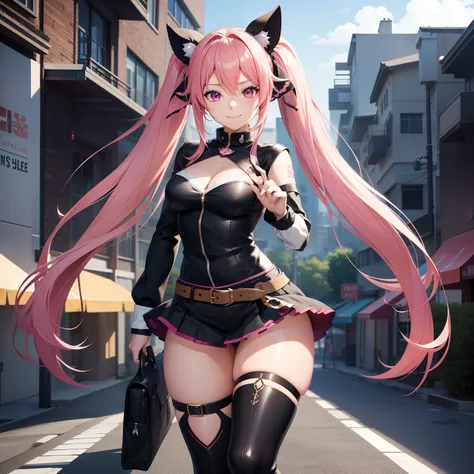 long hair with pink twin tails,,、Black Skin Jean、Black miniskirt、full body Esbian、Cute smile、Urban streetscape、独奏、chee, Detailed Digital Anime Art, digital anime art, cute detailed digital art, anime fantasy illustration, Premium Digital Anime Art, digital...