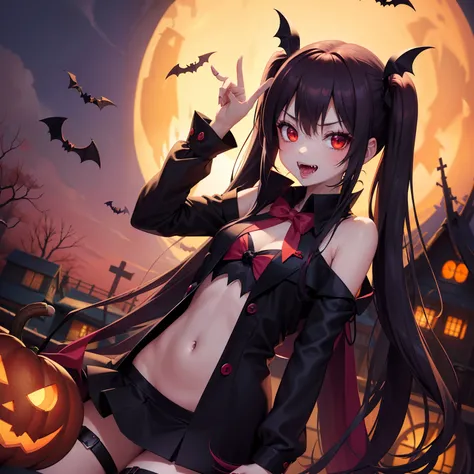 Halloween , Vampire、a cool、a miniskirt, long hair with pink twin tails,,,,,,,, Looking at the viewer, Front view,Halloween Vampire Costumes、Sharp fangs、Red Eyes、Blood from the mouth、the bats、Vampire House、Pumpkin Obake、Obake