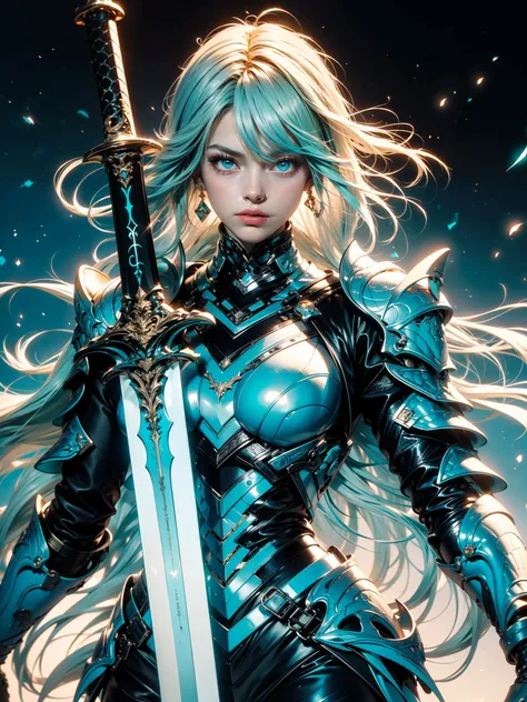 (hailoknight, Solo, 1girl wearing blue armor, beautiful turquoise eyes, long white hair,  turquoise wings, holding giant turquoise energy sword infront of her, holding sword:1.3), (simple glowing background:1.25)masterpiece, best quality, wide-angle, Hyper...