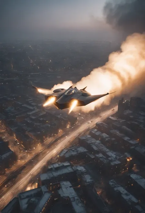 analog gloomy aerial photo of a (Burton Batwing, ), ((nighttime)), (flying low through a city on fire), (explosions on the ground), High Detail, Sharp focus, (photorealism), realistic, best quality, 8k, award winning, dramatic lighting, epic, cinematic, ma...