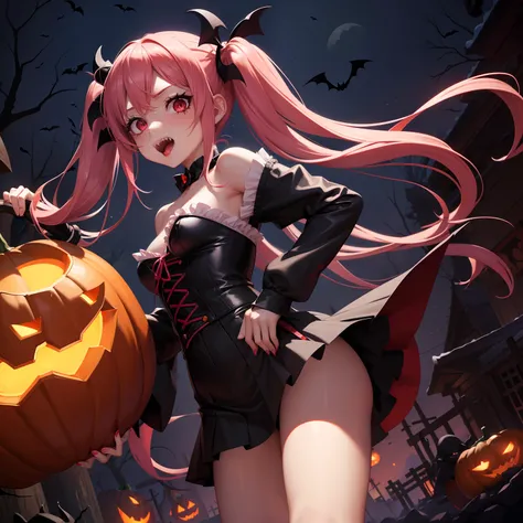 Halloween , Vampire、a cool、a miniskirt, long hair with pink twin tails,,,,,,,,, Looking at the viewer, Front view,Halloween Vampire Costumes、Sharp fangs、Red Eyes、Blood from the mouth、the bats、Vampire House、Pumpkin Obake、Obake