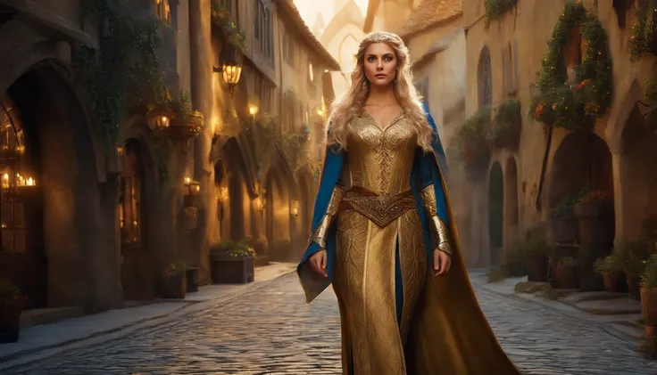 A tall and beautiful elf woman, with blue pupils, contempt in her eyes, a cold expression, a haughty posture, chest up, golden light armor all over her body, looking up camera, strolling through medieval streets.