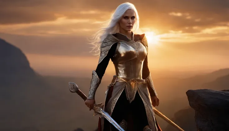 1 tall elf woman, with beautiful white hair, best quality, (beauty), narrow waist, thin, big eyes, long legs, (small breasts), swollen eyes, facing the cliff, late afternoon, (sunset), facing the viewer, fighting posture, (holding a sword and shield), a co...