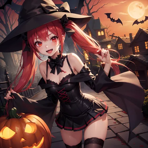 Halloween , Vampire、a cool、a miniskirt, long hair with pink twin tails,,,,,,,,,, Looking at the viewer, Front view,Halloween Vampire Costumes、Sharp fangs、Red Eyes、Blood from the mouth、the bats、Vampire House、Pumpkin Obake、Obake