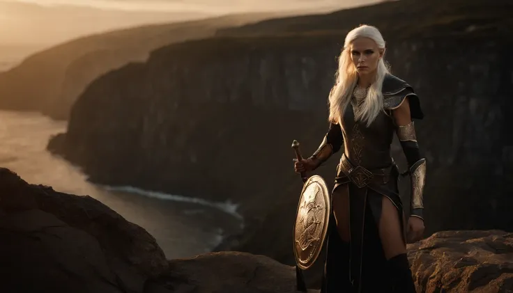 1 tall elf woman, with beautiful white hair, best quality, (beauty), narrow waist, thin, big eyes, long legs, (small breasts), swollen eyes, facing the cliff, late afternoon, (sunset), facing the viewer, fighting posture, (holding a sword and shield), a co...