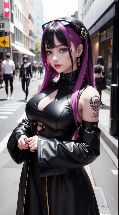 Full of tattoos、Futuristic and luxurious hair ornament、Colorful Hair Color、Street Goth Lolita Fashion、lightly dressed、Gentle smile、Very cool pose、cyberpunkcity