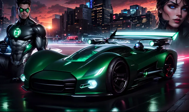 Um carro futurista Preto Brilhante potente no primeiro plano, behind there is the male superhero Green Lantern and on the other side a beautiful woman with blue eyes and red lips and in the background New York buildings with sunset and neon lights