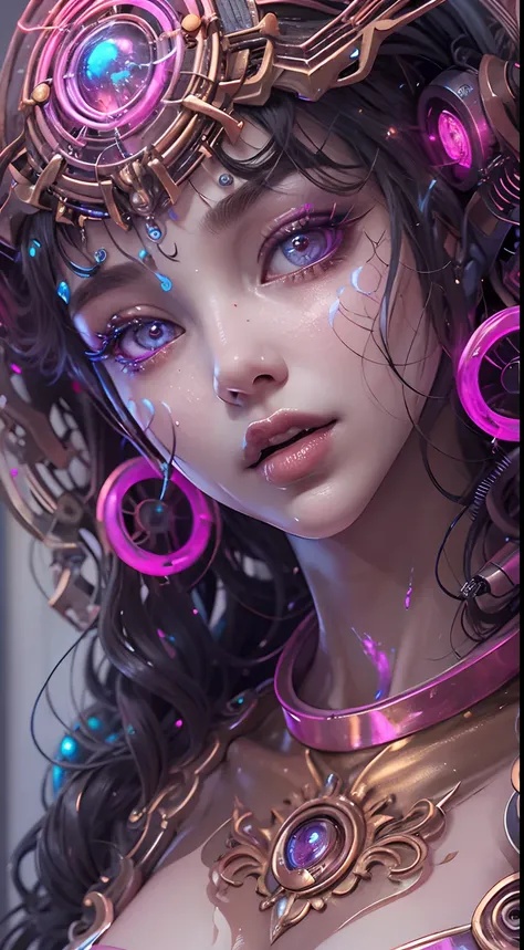 （best qualtiy，ultra - detailed，Most Best Illustration，Best shadow，tmasterpiece，A high resolution，professionalartwork，famousartwork），Detailed eyes，beautidful eyes，closeup cleavage，sci-fy，colored sclera，Robot eyes，face markings，Tattooed with，（fractalized，Fra...