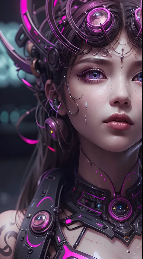 （best qualtiy，ultra - detailed，Most Best Illustration，Best shadow，tmasterpiece，A high resolution，professionalartwork，famousartwork），Detailed eyes，beautidful eyes，closeup cleavage，sci-fy，colored sclera，Robot eyes，face markings，Tattooed with，（fractalized，Fra...