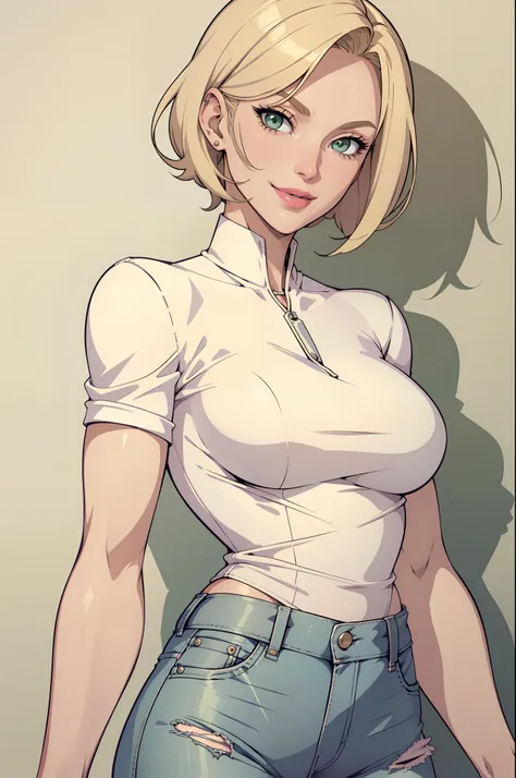 1womanl, , short hair hair,elongated square, blond hair, green eyes, pink lipsticks, smile, standing, sharp outline, short sleev...