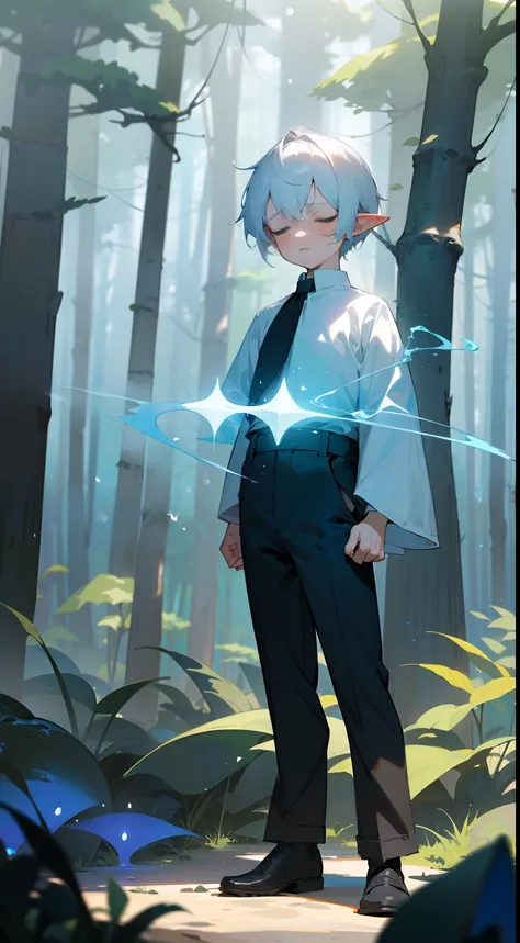 1boy,kid,small,solo,white shirt,(black pants),Short hair,white hair,closed eyes,elve ear,serious face,(((standing in a forest))),(((casting magic blue,hidden hands))),masterpiece,hd,4k