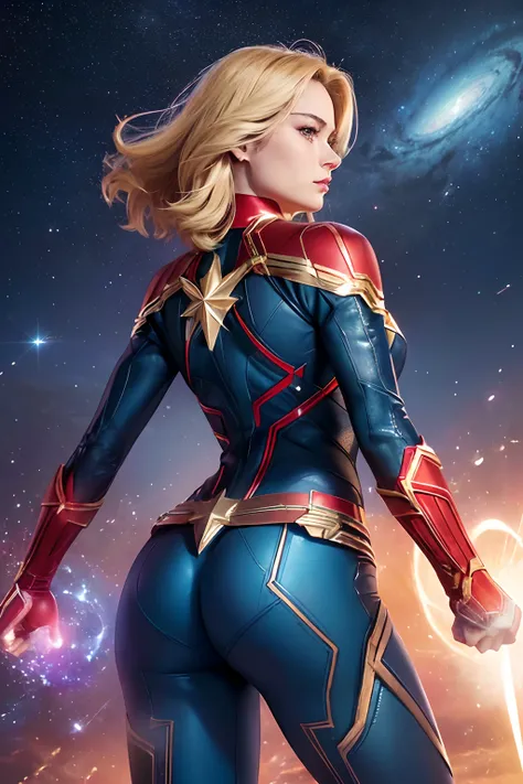 (masterpiece, best quality, photorealistic, cinematic, ultra-detailed, 8k), ((wide shot, from behind)), ((perfect body, perfect anatomy, nice hands, medium cleavage, long round legs, round ass1.5)), (fighting stance), (imagine Brie Larson as Captain Marvel...