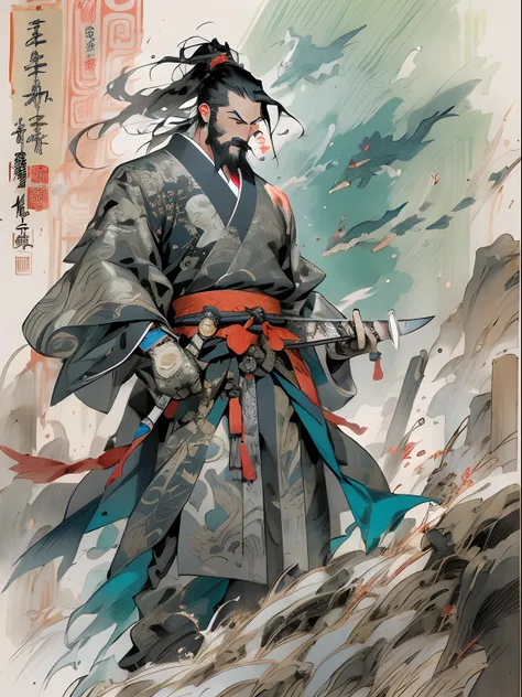 (((China-style，Ink painting method，Half-length portrait，Intense color，Han dynasty, China，Hanfu，Armor，Guan yu，Guan Yunchang，of a guy，Ruddy killing square face，Hold the Blue Dragon Moon Knife in his right hand，Stroke your beard with your left hand，Long hair，...