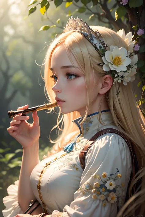 Jean-Baptiste Monge created a beautiful, award-winning painting depicting a beautiful blonde playing the pipe. incredible detail. Stunning fantastic scene, quality, masterpiece, 8k, the smallest details, hyperrealistic, alluring, voluptuous, unique, mesmer...