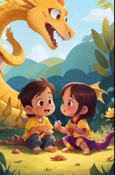 A toddler couple talks to a yellow dragon