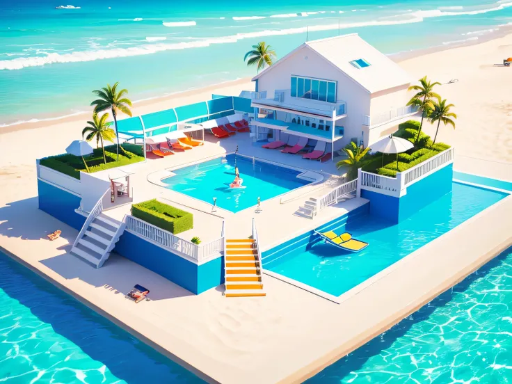 Imagine a beach resort on a summer day, com coqueiros, vibrant and triadic colors, isometrico, fundo branco, more playful and childish style, feito com o blender, no estilo de artistation e behance.