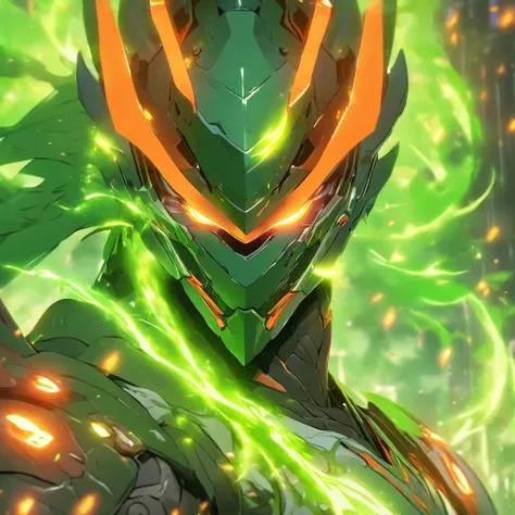 "Genji, standing alone, with a portrait focus, wearing a cyborg visor and helmet, surrounded by vibrant green energy. A majestic Easter dragon looms in the background, creating a stunning contrast with deep colors. Ensure the best quality in the artwork."