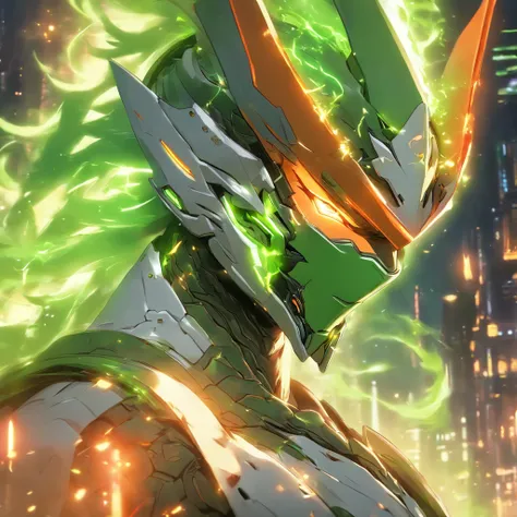 "Genji, standing alone, with a portrait focus, wearing a cyborg visor and helmet, surrounded by vibrant green energy. A majestic Easter dragon looms in the background, creating a stunning contrast with deep colors. Ensure the best quality in the artwork."