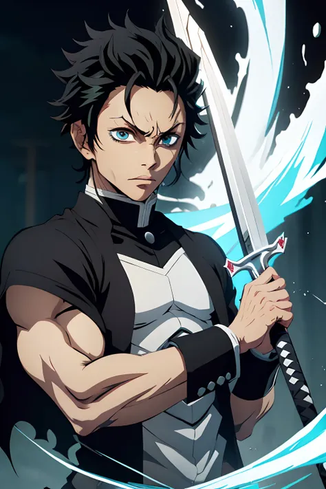 man, black young man, grimmjow hairstyle, black hair, demon slayer uniform, sword, lindo, bleach pose, forte,