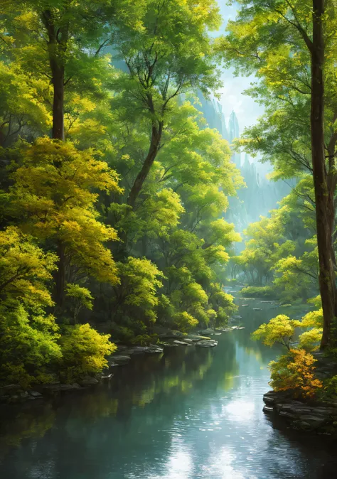 masterpiece, best quality, high quality,extremely detailed CG unity 8k wallpaper, An enchanting and dreamy scene of  a sailing boat in fantasy forest, with towering trees, hidden fairy glens, creating a sense of mystique and enchantment, artstation, intric...