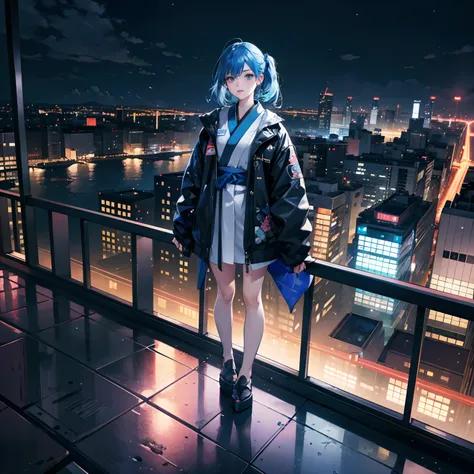 A stunningly detailed 4K hyper-realistic rendering of a modern Japanese girl with blue hair, standing in the middle of a vibrant cityscape, illuminated by the neon lights of the night, with a full body view. --auto