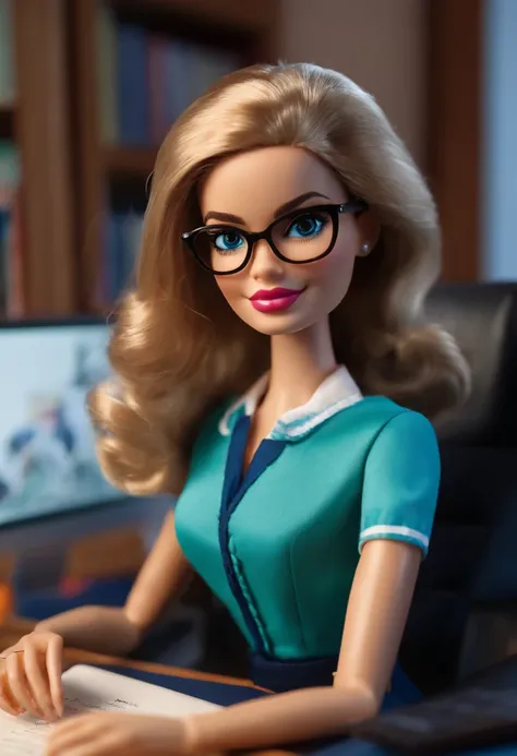 School director, empowered, sitting at the desk, in the school office, with books, notebooks, computer, dark and tied hair, fair skin, blue eyes, wearing glasses, with a serene and happy face, barbie style, wearing a dress