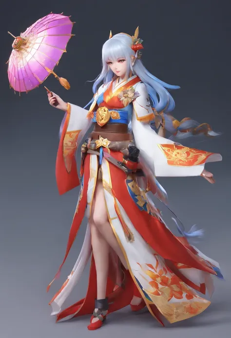 1girl, (kagura mobile legend), long hair, white hair, umbrella, Japanese girl, blue clothes, Japanese clothes, high quality, best anatomy