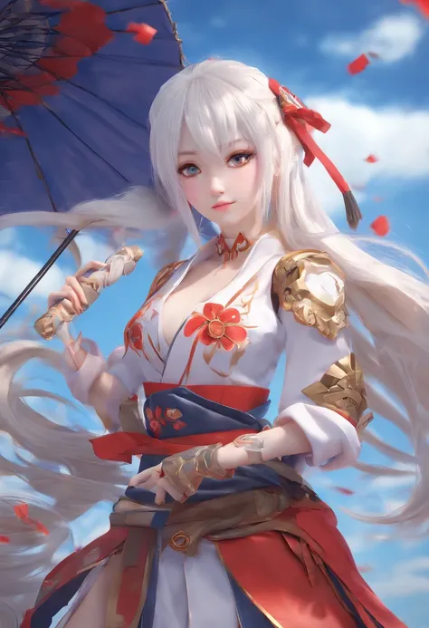 1girl, (kagura mobile legend), long hair, white hair, umbrella, Japanese girl, blue clothes, Japanese clothes, high quality, best anatomy