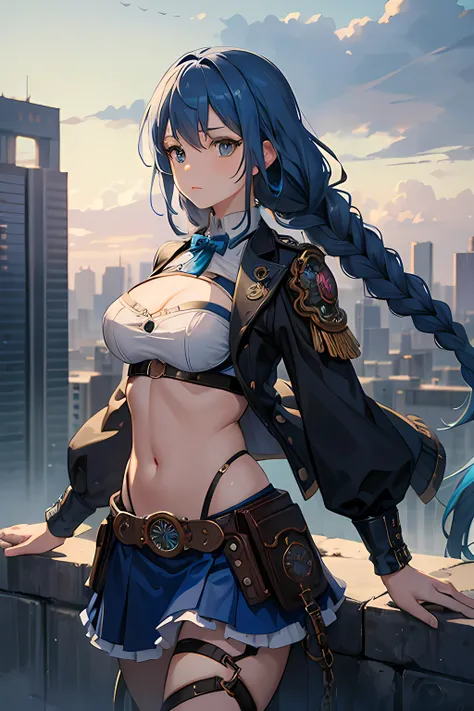 (best quality, masterpiece), 1girl, blue hair, braids, steampunk, gears, skirt, cutout above navel, cloudy sky, sexy, tight