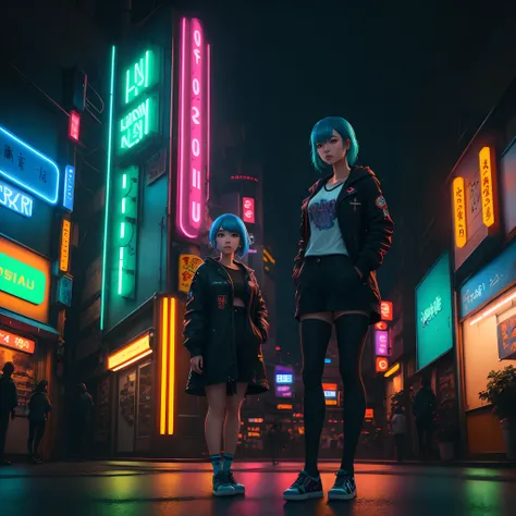 A stunningly detailed 4K hyper-realistic rendering of a modern Japanese girl with blue hair, standing in the middle of a vibrant cityscape, illuminated by the neon lights of the night, with a full body view.