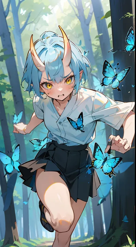 1oni girl,solo,angry face,white shirt,black skirt,light blue hair, short hair,,yellow eyes,elve ear,mature female,oni horns,(((running in a forest))),(((casting blue magic, several bright blue butterflies around,hidden hands))),masterpiece,hd,4k