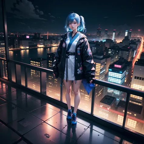 A stunningly detailed 4K hyper-realistic rendering of a modern Japanese girl with blue hair, standing in the middle of a vibrant cityscape, illuminated by the neon lights of the night, with a full body view.