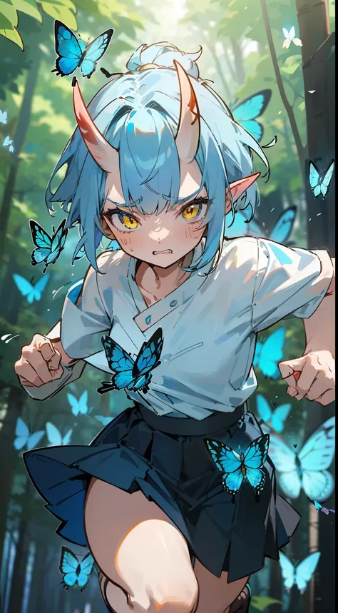 1oni girl,solo,angry face,(white shirt),black skirt,light blue hair, short hair,,yellow eyes,elve ear,mature female,oni horns,((...