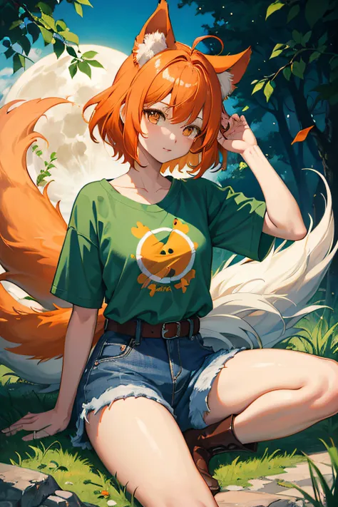 Cover artwork, 1girl, kitsune girl, (short orange hair), (green shirt), blue denim shorts, black belt, brown boots, sitting on the ground, looking at viewer, mystic forest, fog, moon