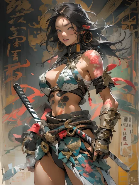 (((woman))), (((best qualityer))), (((tmasterpiece))), (((AS-Adult))), ((( Japanese ))), Look up from your knees, A beautiful asian samurai woman with perfect body, Modern samurai, ((( Asian))), Wear gloves on your hands，The left arm is made of steel and m...