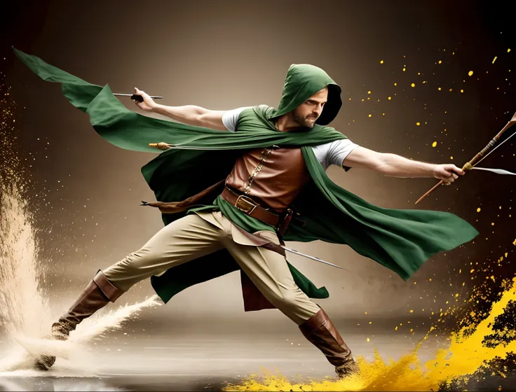 Robin Hood in fluid motion, cloaked in earthy hues, arrows soaring through the air in a burst of vibrant energy.