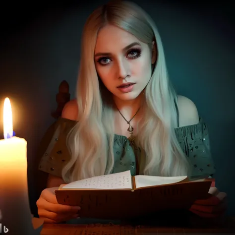 Mujer rubia con cabello largo leyendo un libro frente a una vela encendida, Dramatic Reading Spellbook Pose, Cabello largo y rubio y ojos grandes, Ava Max, Cabello largo y rubio y ojos grandes, Sosteniendo el libro de hechizos, Retrato de una joven bruja, ...