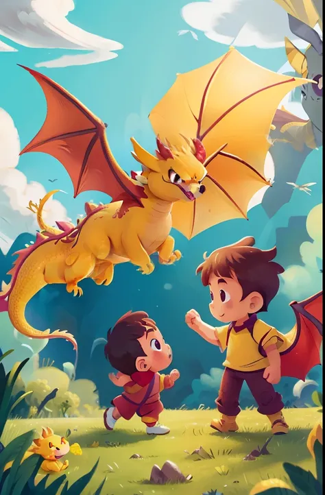 The yellow dragon flying with a couple of children