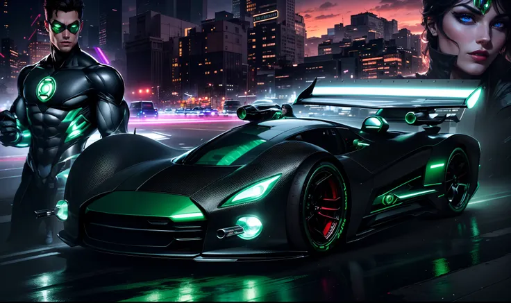 Um carro futurista Preto Brilhante potente no primeiro plano, behind there is the male superhero Green Lantern and on the other side a beautiful woman with blue eyes and red lips and in the background New York buildings with sunset and neon lights