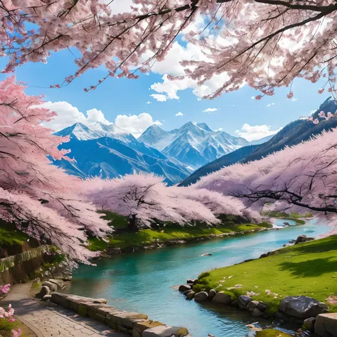 (Masterpiece, Top Quality, Best Quality, Official Art, Beauty and Aesthetics: 1.2), Very Detailed, Colorful, Most Detailed, Branches, Mountains and Rivers, Cherry Blossoms, Outdoor, Petals, Landscape, Rain, Trees, Sky, Street