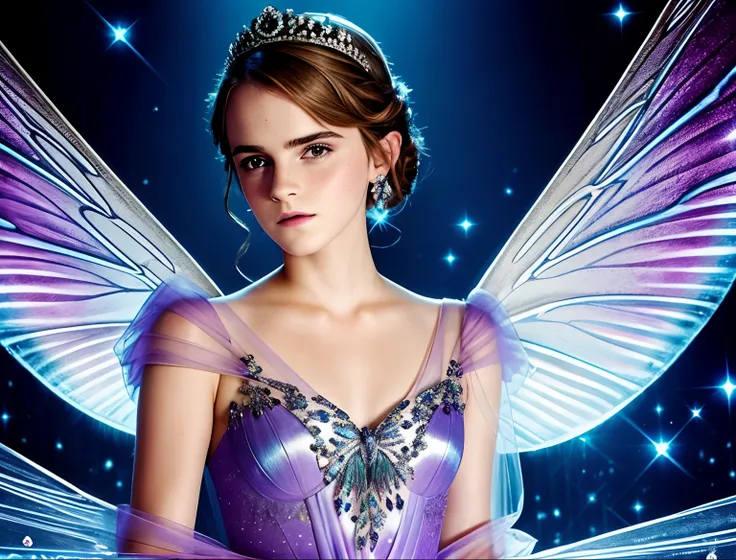 A Photograph of Emma Watson as the ethereal Queen of Moths, draped in delicate wings of iridescent blues and purples, casting a mesmerizing glow.