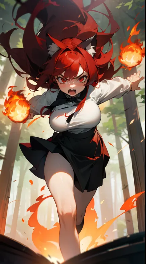 1girl ,20s,angry face,white shirt,black skirt,medium tits,red hair,long hair,red eyes,Cat ears(((running in a forest))),(((casting magic fire,hides arms))),masterpiece,hd,4k