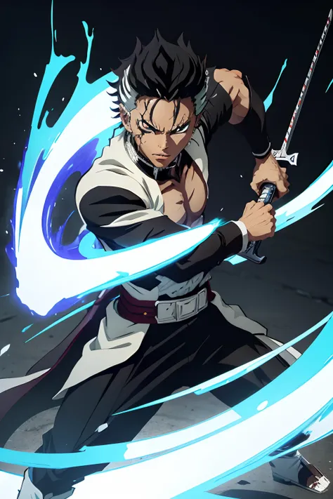 man, black young man, grimmjow hairstyle, black hair, demon slayer uniform, sword, lindo, bleach pose, forte,